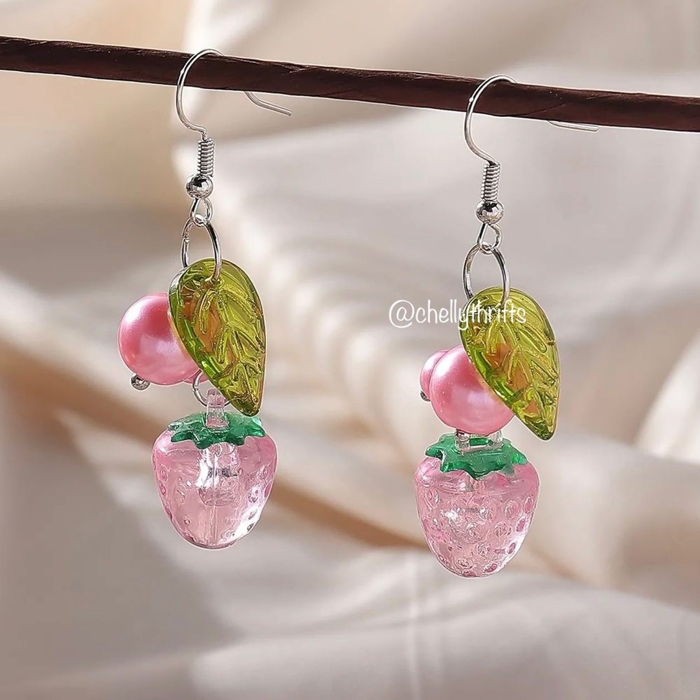 Pink Strawberry Dangly Earrings - Picture 3 of 4